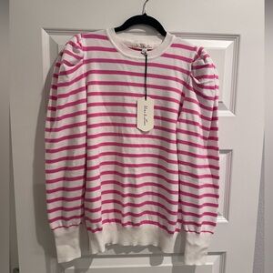 NWT boutique white/pink striped sweater with puff sleeves - L